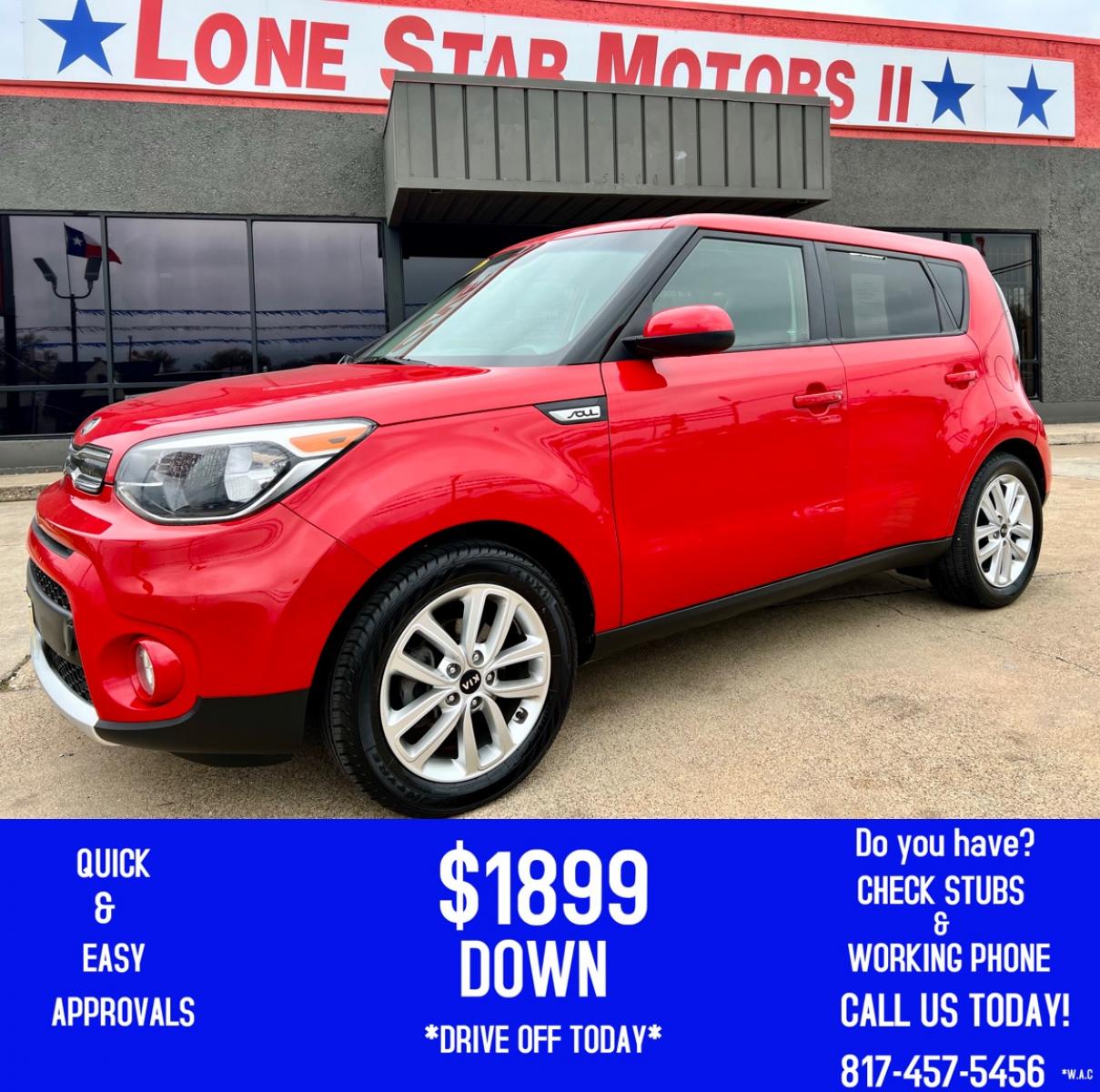 2018 RED KIA SOUL (KNDJP3A51J7) , located at 5900 E. Lancaster Ave., Fort Worth, TX, 76112, (817) 457-5456, 0.000000, 0.000000 - This is a 2018 KIA SOUL 4 DR WAGON that is in excellent condition. The interior is clean with no rips or tears or stains. All power windows, door locks and seats. Ice cold AC for those hot Texas summer days. It is equipped with a CD player, AM/FM radio, AUX port, Bluetooth connectivity and Sirius XM - Photo #0