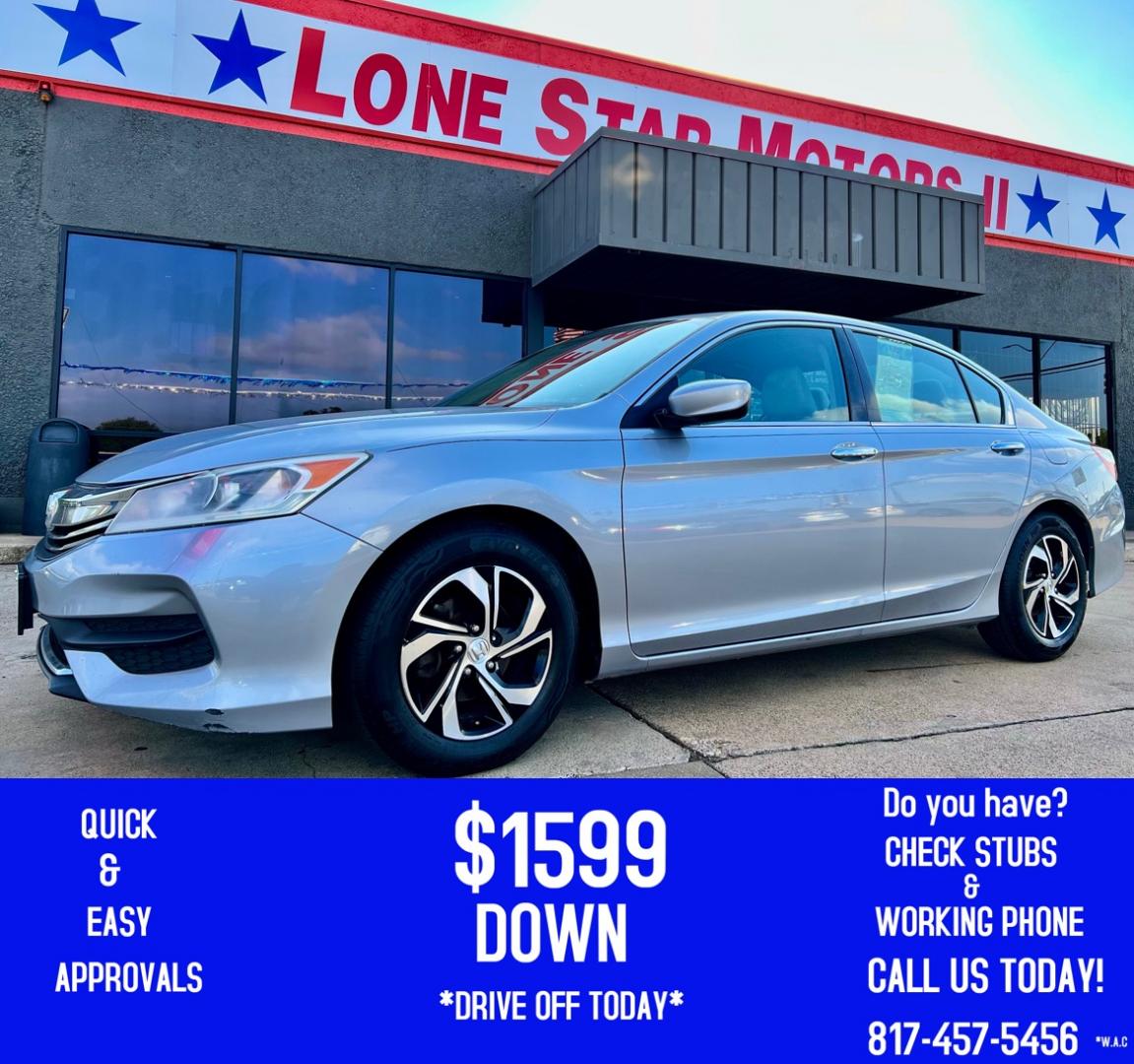 2016 SILVER /Gray HONDA ACCORD LX 4dr Sedan CVT (1HGCR2F36GA) with an 2.4L I4 engine, CVT transmission, located at 5900 E. Lancaster Ave., Fort Worth, TX, 76112, (817) 457-5456, 0.000000, 0.000000 - This is a 2016 Honda Accord LX Sedan CVT 4 DR SEDAN that is in excellent condition. There are no dents or scratches. The interior is clean with no rips or tears or stains. All power windows, door locks and seats. Ice cold AC for those hot Texas summer days. It is equipped with a CD player, AM/FM rad - Photo#0