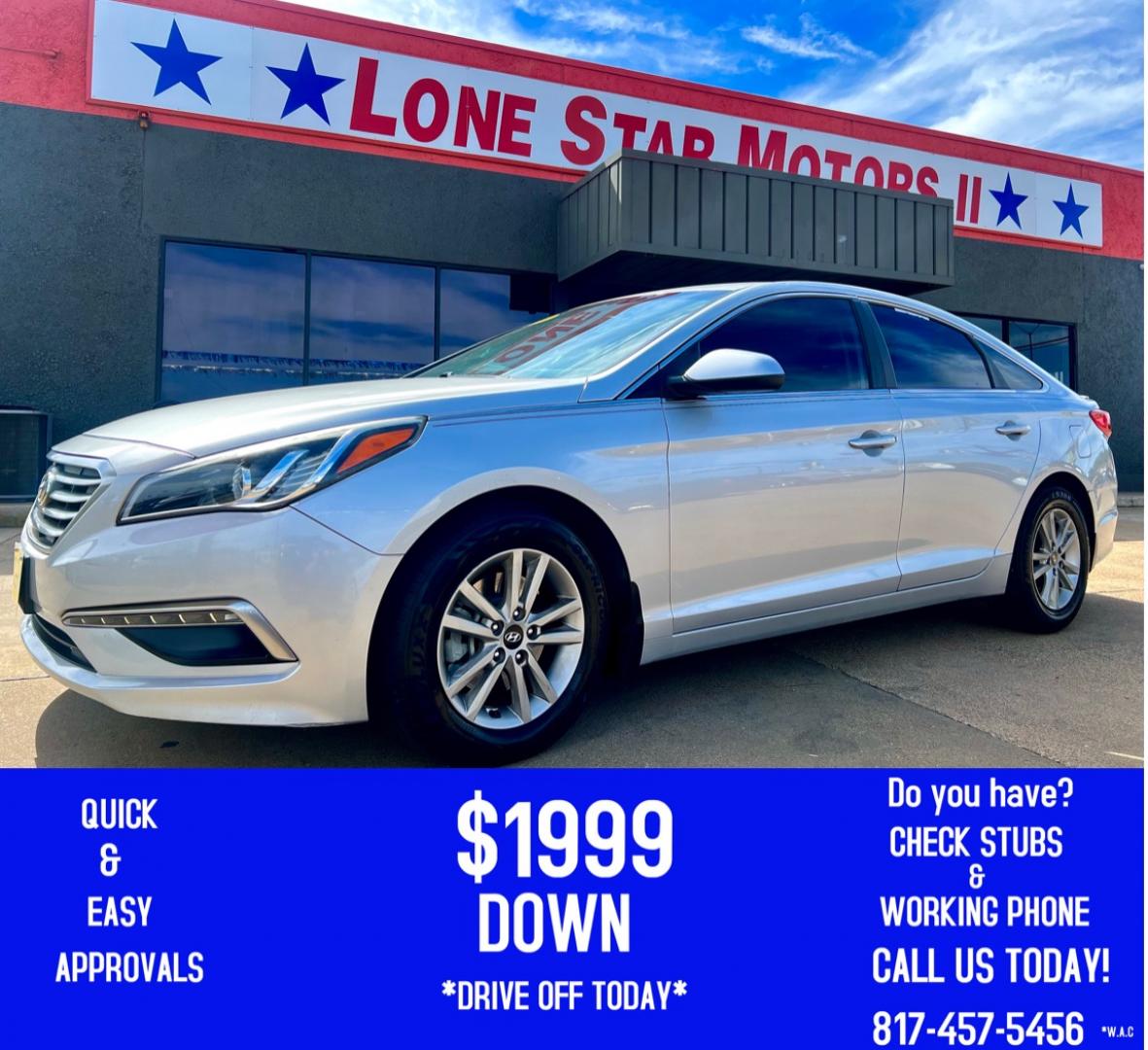 2015 SILVER /Beige HYUNDAI SONATA SE SE 4dr Sedan (5NPE24AF8FH) with an 2.4L I4 engine, Automatic 6-Speed transmission, located at 5900 E. Lancaster Ave., Fort Worth, TX, 76112, (817) 457-5456, 0.000000, 0.000000 - This is a 2015 Hyundai Sonata SE 4dr Sedan that is in excellent condition. There are no dents or scratches. The interior is clean with no rips or tears or stains. All power windows, door locks and seats. Ice cold AC for those hot Texas summer days. It is equipped with a CD player, AM/FM radio, AUX p - Photo#0