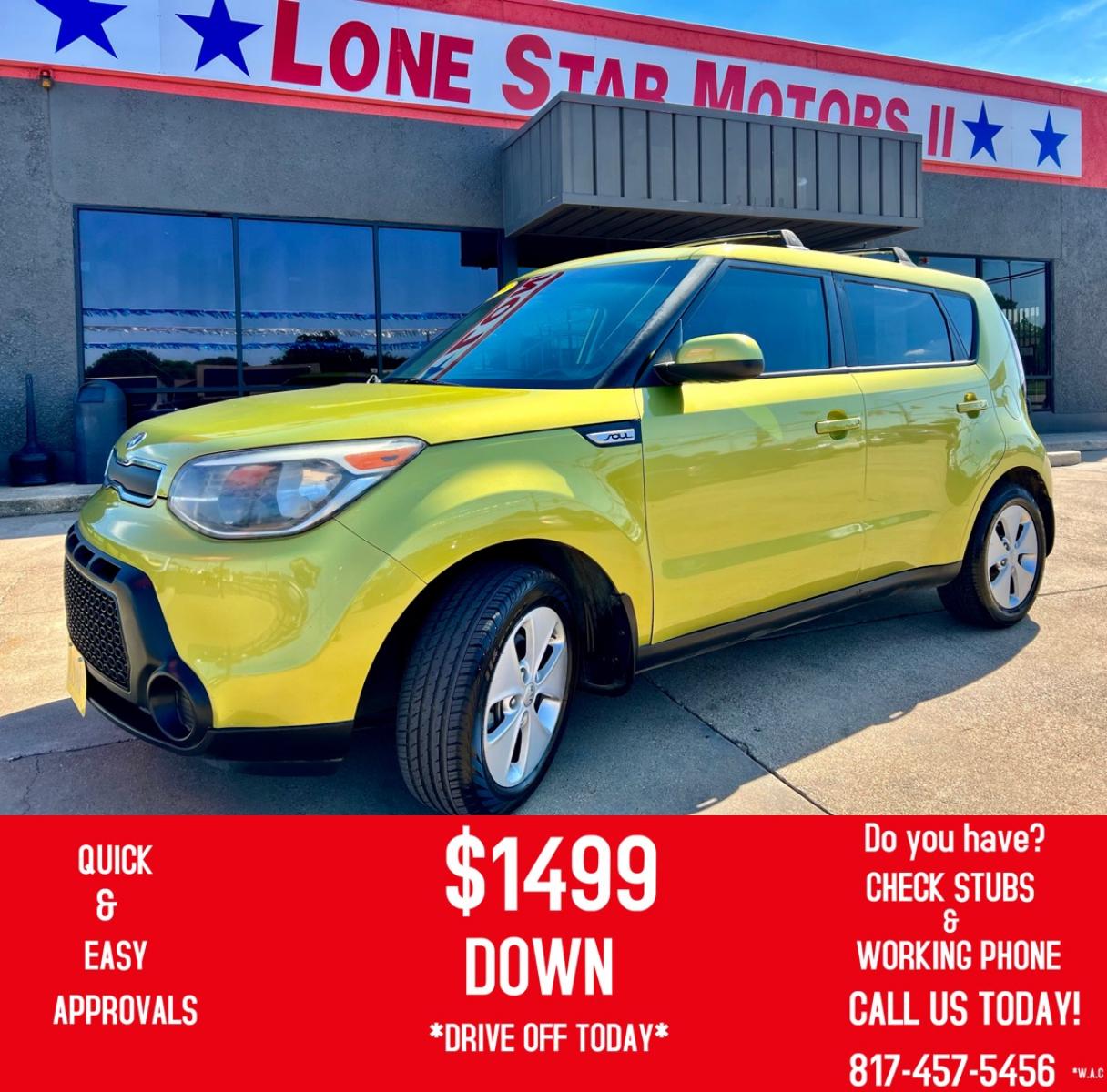 2015 GREEN /Gray KIA SOUL Base 4dr Crossover 6A (KNDJN2A27F7) with an 1.6L I4 engine, Automatic 6-Speed transmission, located at 5900 E. Lancaster Ave., Fort Worth, TX, 76112, (817) 457-5456, 0.000000, 0.000000 - This is a 2015 Kia Soul Base 4dr Crossover 6A that is in excellent condition. There are no dents or scratches. The interior is clean with no rips or tears or stains. All power windows, door locks and seats. Ice cold AC for those hot Texas summer days. It is equipped with a CD player, AM/FM radio, AU - Photo #0