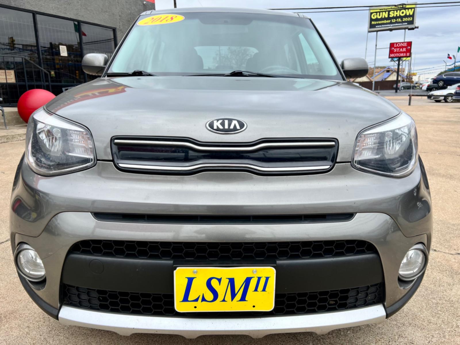 2018 GRAY /Gray KIA SOUL + 4dr Crossover (KNDJP3A58J7) with an 2.0L I4 engine, Automatic 6-Speed transmission, located at 5900 E. Lancaster Ave., Fort Worth, TX, 76112, (817) 457-5456, 0.000000, 0.000000 - This is a 2018 Kia Soul + 4dr Crossover that is in excellent condition. There are no dents or scratches. The interior is clean with no rips or tears or stains. All power windows, door locks and seats. Ice cold AC for those hot Texas summer days. It is equipped with a CD player, AM/FM radio, AUX port - Photo #1