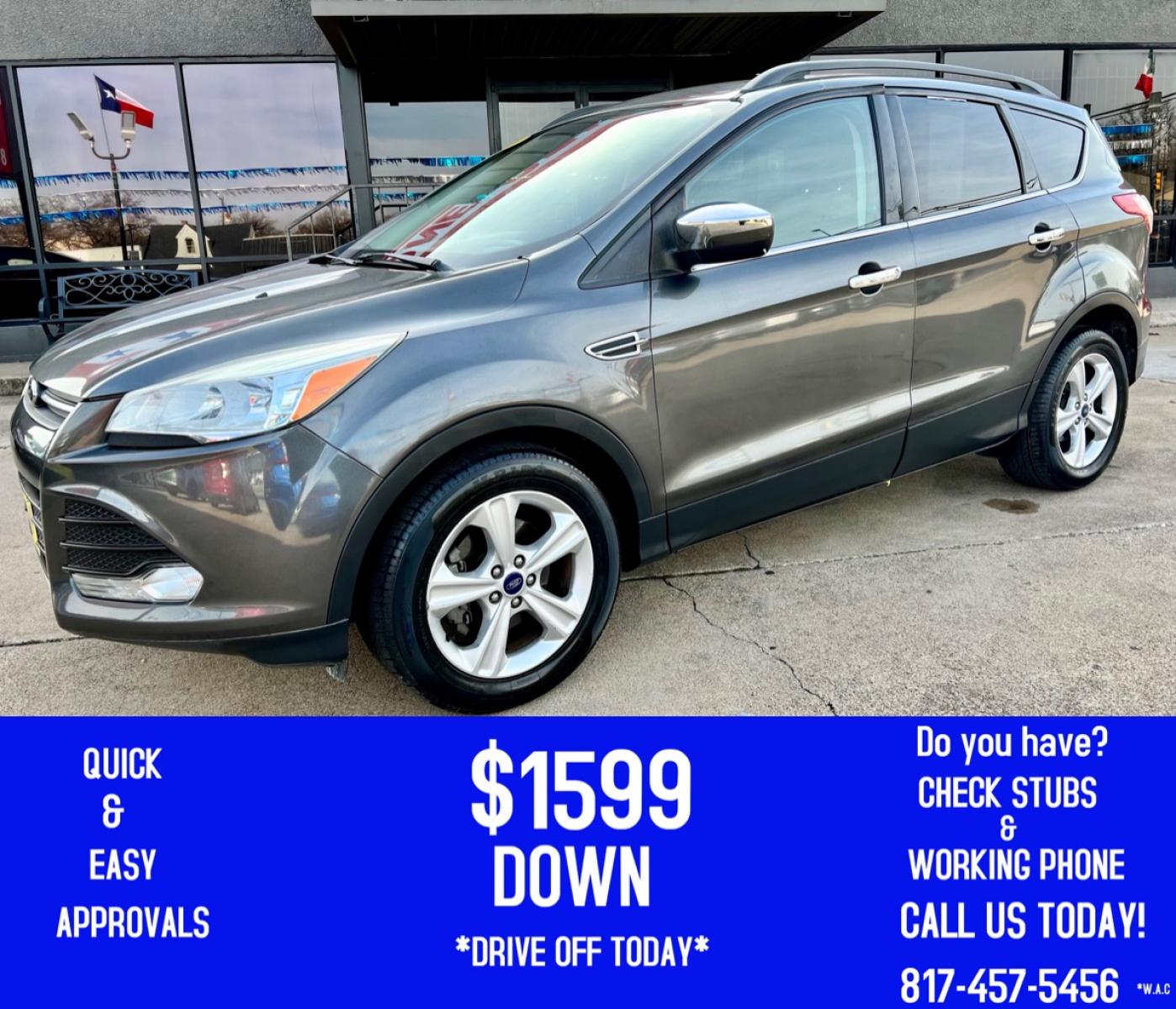 2015 GRAY /Gray FORD ESCAPE SE 4dr SUV (1FMCU0GX9FU) with an 1.6L I4 engine, Automatic 6-Speed transmission, located at 5900 E. Lancaster Ave., Fort Worth, TX, 76112, (817) 457-5456, 0.000000, 0.000000 - This is a 2015 Ford Escape SE 4dr SUV that is in excellent condition. There are no dents or scratches. The interior is clean with no rips or tears or stains. All power windows, door locks and seats. Ice cold AC for those hot Texas summer days. It is equipped with a CD player, AM/FM radio, AUX port, - Photo #0