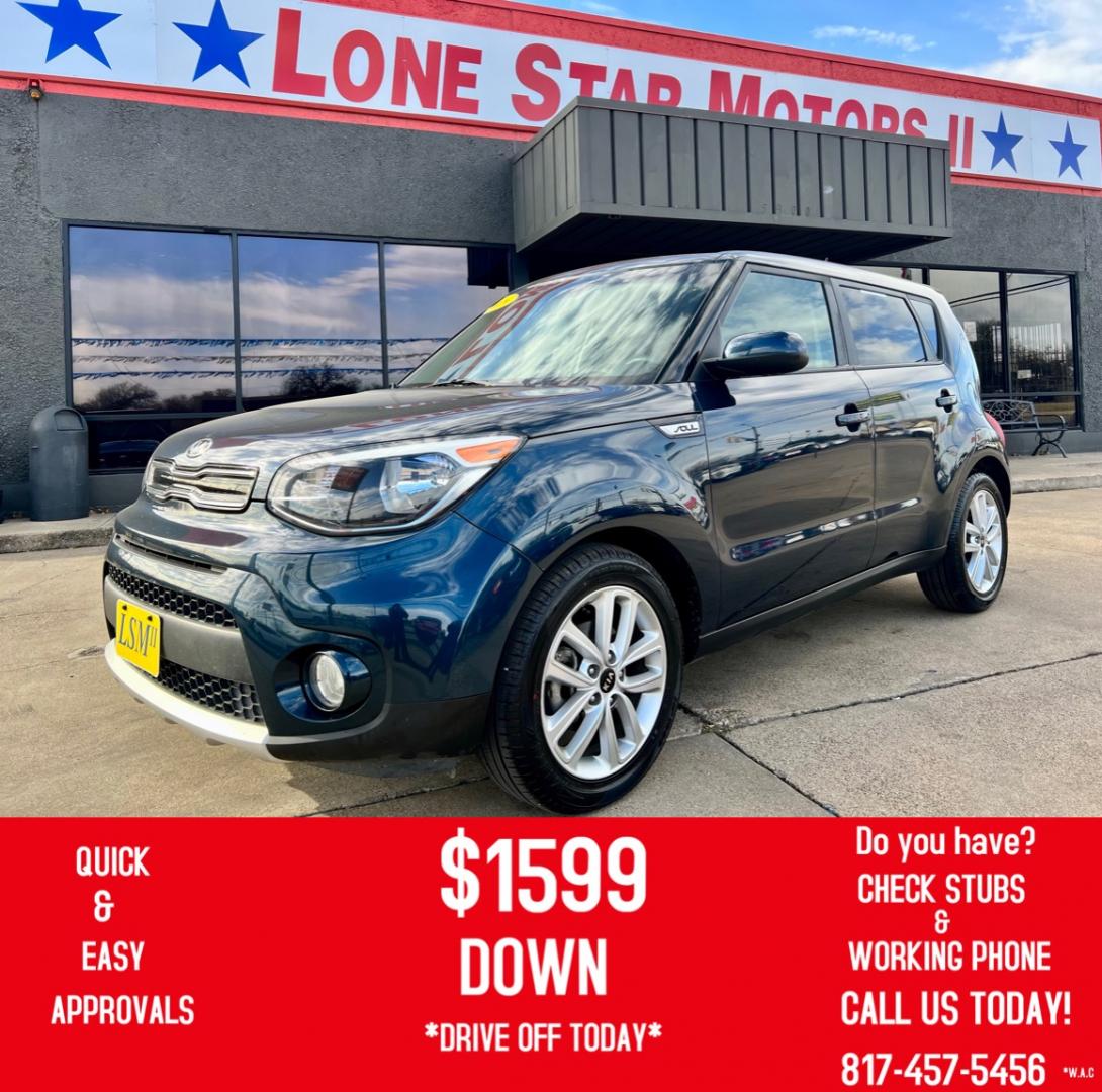 2018 BLUE /Gray KIA SOUL + 4dr Crossover (KNDJP3A55J7) with an 2.0L I4 engine, Automatic 6-Speed transmission, located at 5900 E. Lancaster Ave., Fort Worth, TX, 76112, (817) 457-5456, 0.000000, 0.000000 - This is a 2018 Kia Soul + 4dr Crossover that is in excellent condition. There are no dents or scratches. The interior is clean with no rips or tears or stains. All power windows, door locks and seats. Ice cold AC for those hot Texas summer days. It is equipped with a CD player, AM/FM radio, AUX port - Photo#0