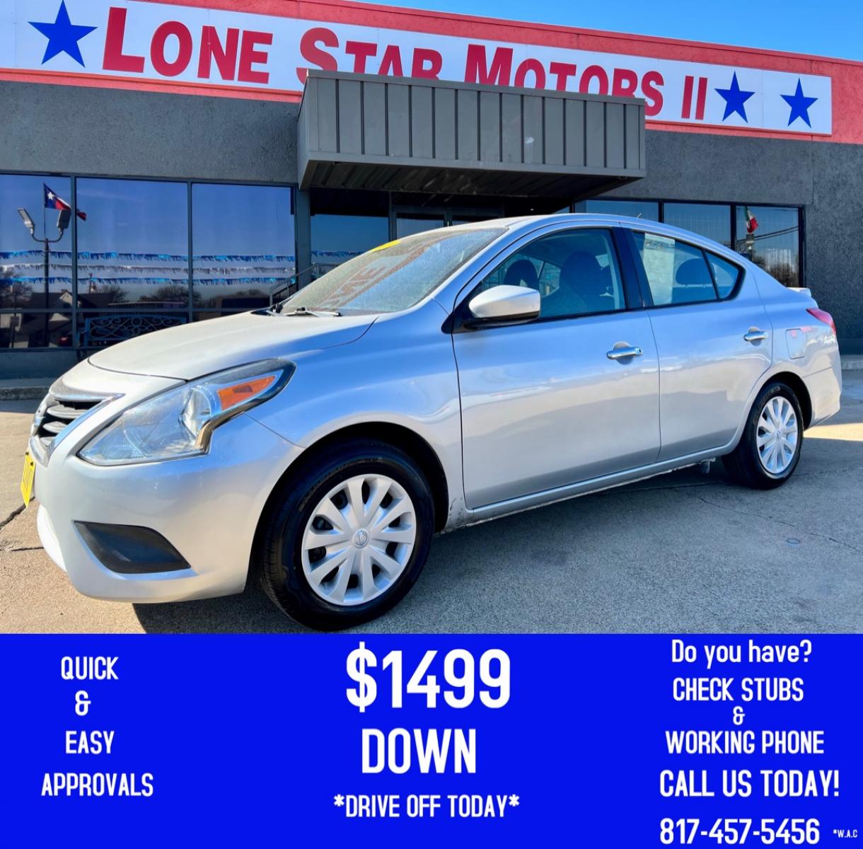 2019 SILVER /Gray NISSAN VERSA S 4dr Sedan (3N1CN7AP5KL) with an 1.6L I4 engine, Automatic 5-Speed transmission, located at 5900 E. Lancaster Ave., Fort Worth, TX, 76112, (817) 457-5456, 0.000000, 0.000000 - This is a 2019 NISSAN VERSA 4 DOOR SEDAN that is in excellent condition. There are no dents or scratches. The interior is clean with no rips or tears or stains. All power windows, door locks and seats. Ice cold AC for those hot Texas summer days. It is equipped with a CD player, AM/FM radio, AUX por - Photo #0