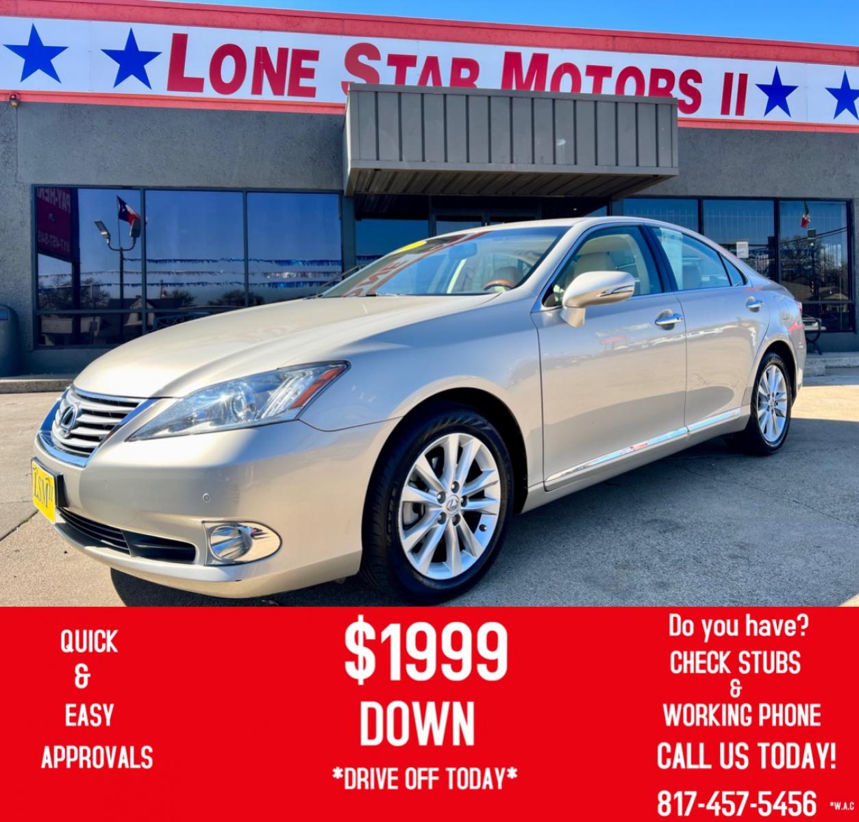 2011 GOLD LEXUS ES 350 (JTHBK1EG9B2) , located at 5900 E. Lancaster Ave., Fort Worth, TX, 76112, (817) 457-5456, 0.000000, 0.000000 - This is a 2011 LEXUS ES 350 4 DOOR SEDAN that is in excellent condition. There are no dents or scratches. The interior is clean with no rips or tears or stains. All power windows, door locks and seats. Ice cold AC for those hot Texas summer days. It is equipped with a CD player, AM/FM radio, AUX por - Photo #0