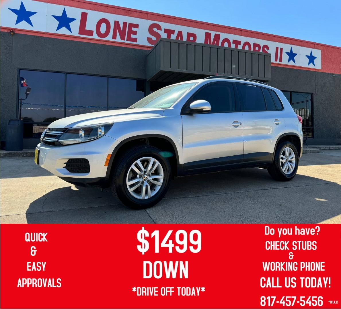 2015 SILVER VOLKSWAGEN TIGUAN S; SE; SEL; W (WVGAV7AX6FW) , located at 5900 E. Lancaster Ave., Fort Worth, TX, 76112, (817) 457-5456, 0.000000, 0.000000 - This is a 2015 VOLKSWAGEN TIGUAN 4 DR SUV that is in excellent condition. The interior is clean with no rips or tears or stains. All power windows, door locks and seats. Ice cold AC for those hot Texas summer days. It is equipped with a CD player, AM/FM radio, AUX port, Bluetooth connectivity and Si - Photo#0