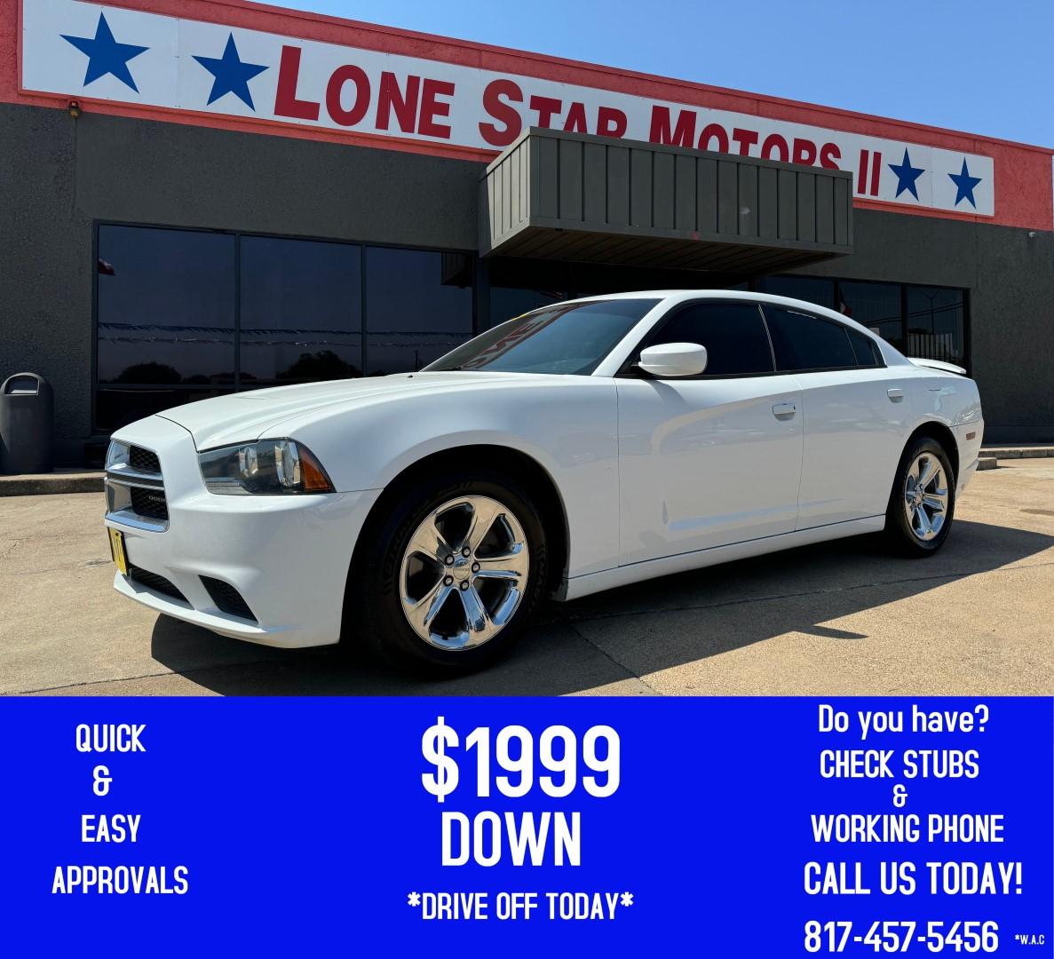 2013 WHITE DODGE CHARGER (2C3CDXBG2DH) , located at 5900 E. Lancaster Ave., Fort Worth, TX, 76112, (817) 457-5456, 0.000000, 0.000000 - This is a 2013 DODGE CHARGER 4 DOOR SEDAN that is in excellent condition. There are no dents or scratches. The interior is clean with no rips or tears or stains. All power windows, door locks and seats. Ice cold AC for those hot Texas summer days. It is equipped with a CD player, AM/FM radio, AUX po - Photo#0