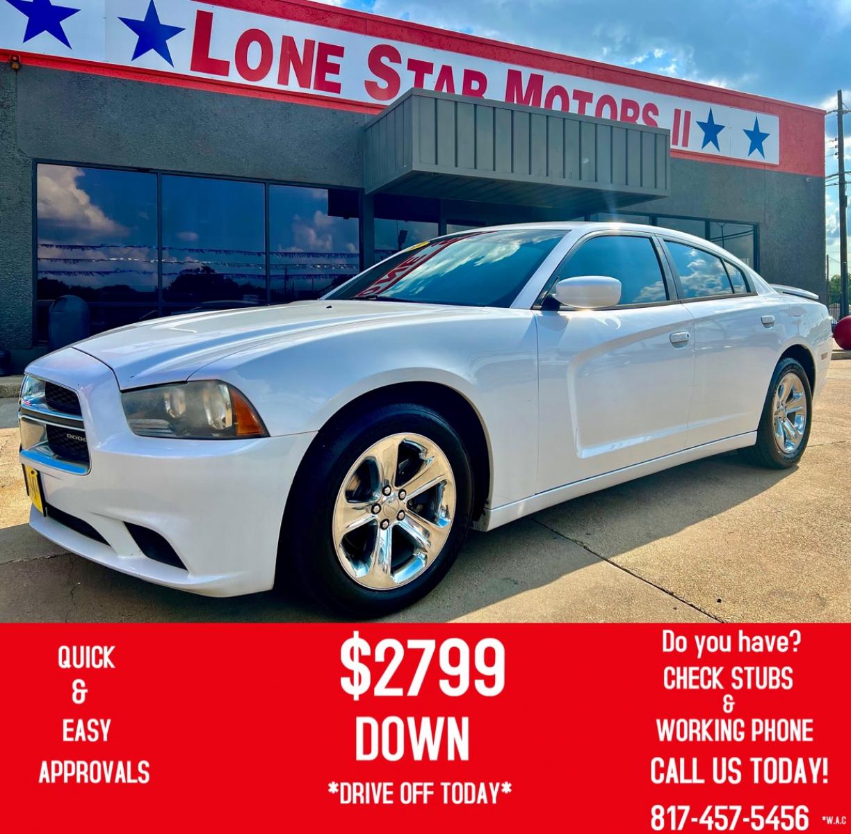 2013 WHITE DODGE CHARGER (2C3CDXBG2DH) , located at 5900 E. Lancaster Ave., Fort Worth, TX, 76112, (817) 457-5456, 0.000000, 0.000000 - This is a 2013 DODGE CHARGER 4 DOOR SEDAN that is in excellent condition. There are no dents or scratches. The interior is clean with no rips or tears or stains. All power windows, door locks and seats. Ice cold AC for those hot Texas summer days. It is equipped with a CD player, AM/FM radio, AUX po - Photo #0