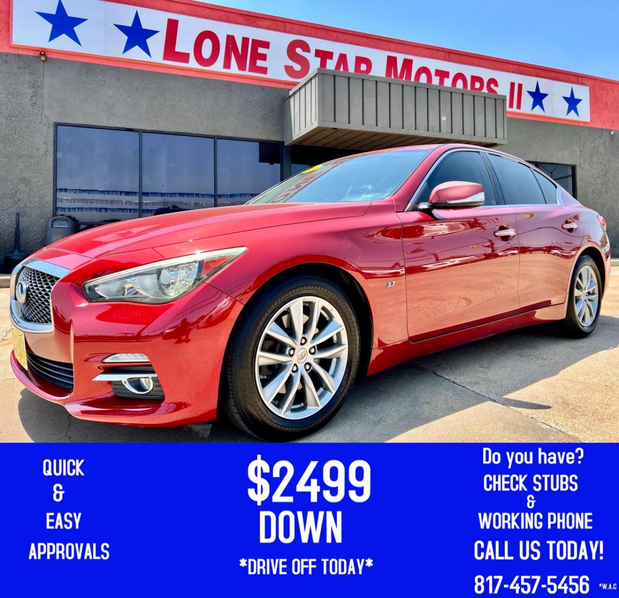 2014 RED INFINITI Q50 (JN1BV7AP9EM) , located at 5900 E. Lancaster Ave., Fort Worth, TX, 76112, (817) 457-5456, 0.000000, 0.000000 - This is a 2014 INFINITI Q50 4 DOOR SEDAN that is in excellent condition. There are no dents or scratches. The interior is clean with no rips or tears or stains. All power windows, door locks and seats. Ice cold AC for those hot Texas summer days. It is equipped with a CD player, AM/FM radio, AUX por - Photo #0
