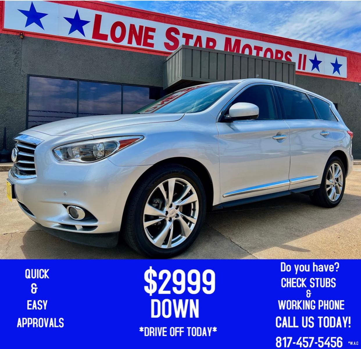 2013 SILVER INFINITI JX35 (5N1AL0MM3DC) , located at 5900 E. Lancaster Ave., Fort Worth, TX, 76112, (817) 457-5456, 0.000000, 0.000000 - This is a 2013 INFINITI JX35 4 DOOR SUV that is in excellent condition. There are no dents or scratches. The interior is clean with no rips or tears or stains. All power windows, door locks and seats. Ice cold AC for those hot Texas summer days. It is equipped with a CD player, AM/FM radio, AUX port - Photo #0