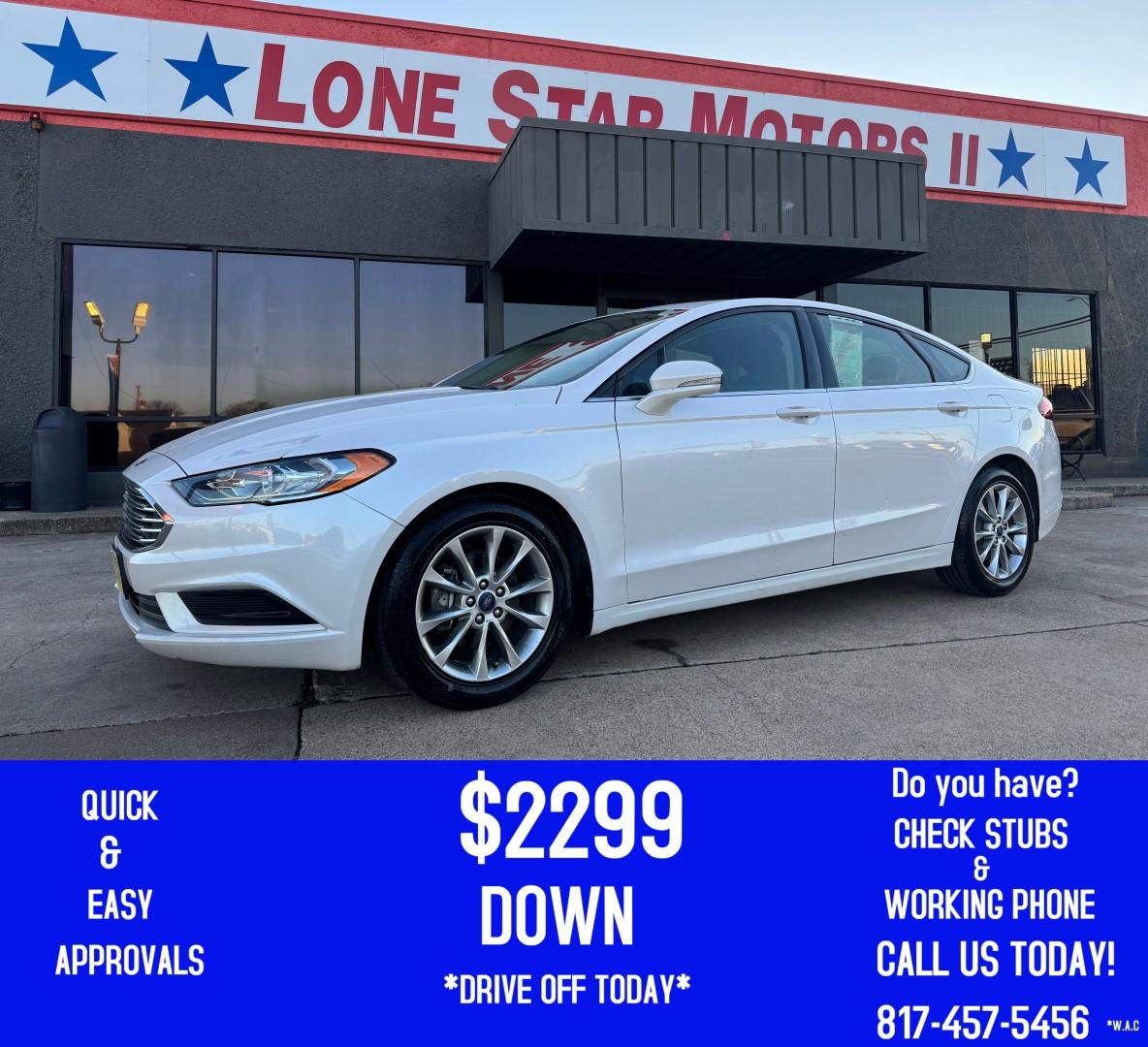 2017 WHITE /Black FORD FUSION (3FA6P0HD5HR) , located at 5900 E. Lancaster Ave., Fort Worth, TX, 76112, (817) 457-5456, 0.000000, 0.000000 - This is a 2017 FORD FUSION 4 DOOR SEDAN that is in excellent condition. There are no dents or scratches. The interior is clean with no rips or tears or stains. All power windows, door locks and seats. Ice cold AC for those hot Texas summer days. It is equipped with a CD player, AM/FM radio, AUX port - Photo#0