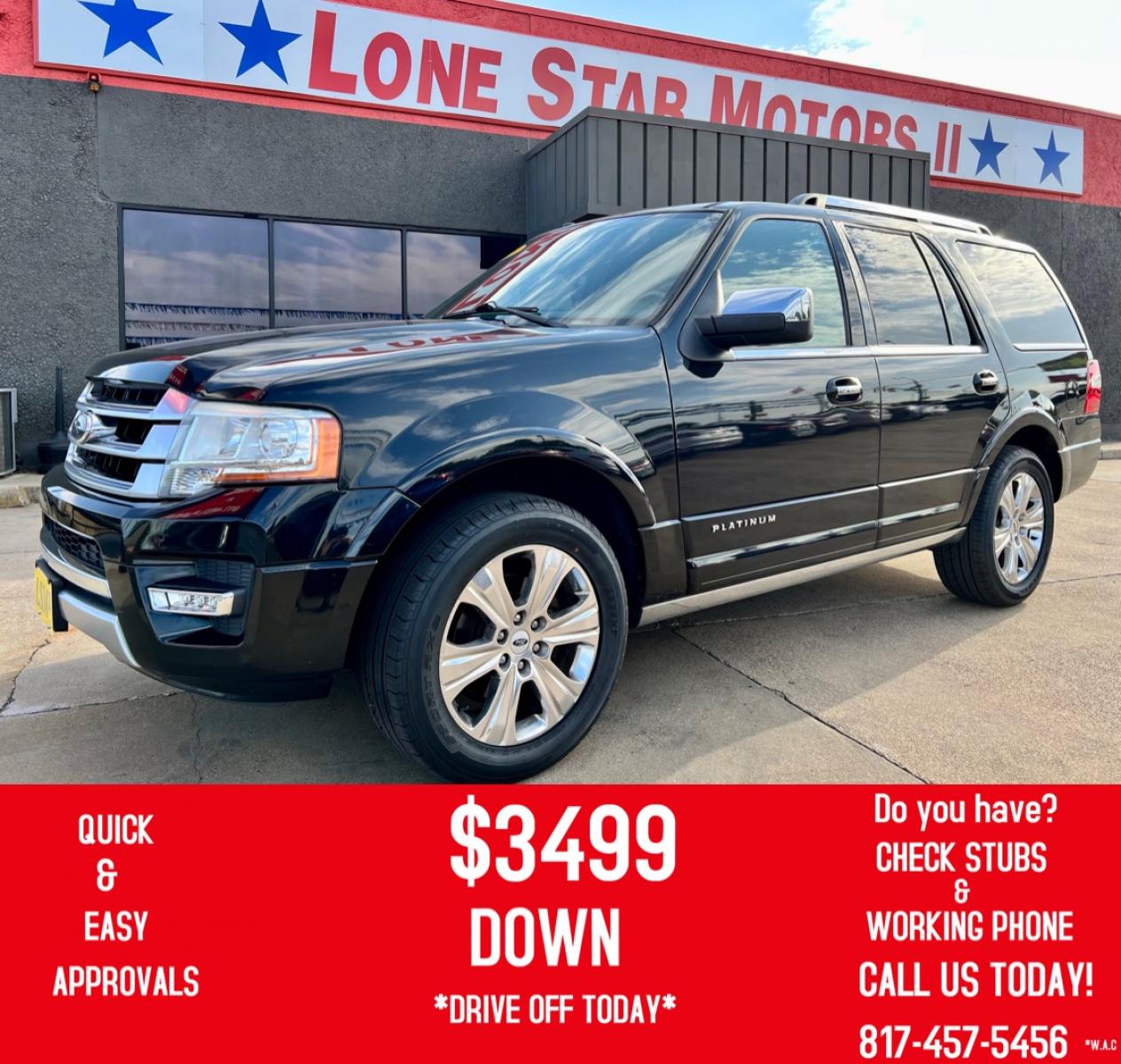 2015 BLACK FORD EXPEDITION (1FMJU1LTXFE) , located at 5900 E. Lancaster Ave., Fort Worth, TX, 76112, (817) 457-5456, 0.000000, 0.000000 - This is a 2015 FORD EXPEDITION 4 DOOR SUV that is in excellent condition. There are no dents or scratches. The interior is clean with no rips or tears or stains. All power windows, door locks and seats. Ice cold AC for those hot Texas summer days. It is equipped with a CD player, AM/FM radio, AUX po - Photo #0