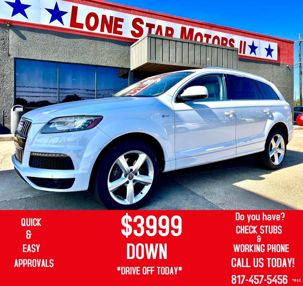 2013 WHITE /BEIGE AUDI Q7 (WA1DGAFE5DD) , located at 5900 E. Lancaster Ave., Fort Worth, TX, 76112, (817) 457-5456, 0.000000, 0.000000 - This is a 2013 AUDI Q7 4 DOOR SUV that is in excellent condition. There are no dents or scratches. The interior is clean with no rips or tears or stains. All power windows, door locks and seats. Ice cold AC for those hot Texas summer days. It is equipped with a CD player, AM/FM radio, AUX port, Blue - Photo #0