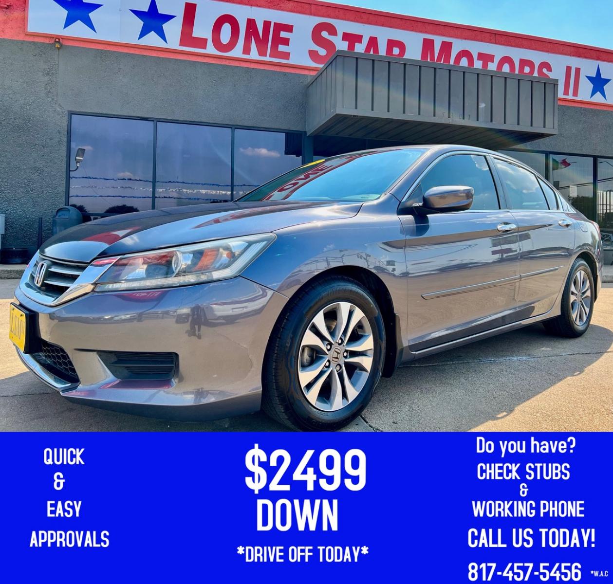 2015 SILVER HONDA ACCORD (1HGCR2F36FA) , located at 5900 E. Lancaster Ave., Fort Worth, TX, 76112, (817) 457-5456, 0.000000, 0.000000 - This is a 2015 HONDA ACCORD 4 DOOR SEDAN that is in excellent condition. There are no dents or scratches. The interior is clean with no rips or tears or stains. All power windows, door locks and seats. Ice cold AC for those hot Texas summer days. It is equipped with a CD player, AM/FM radio, AUX por - Photo #0