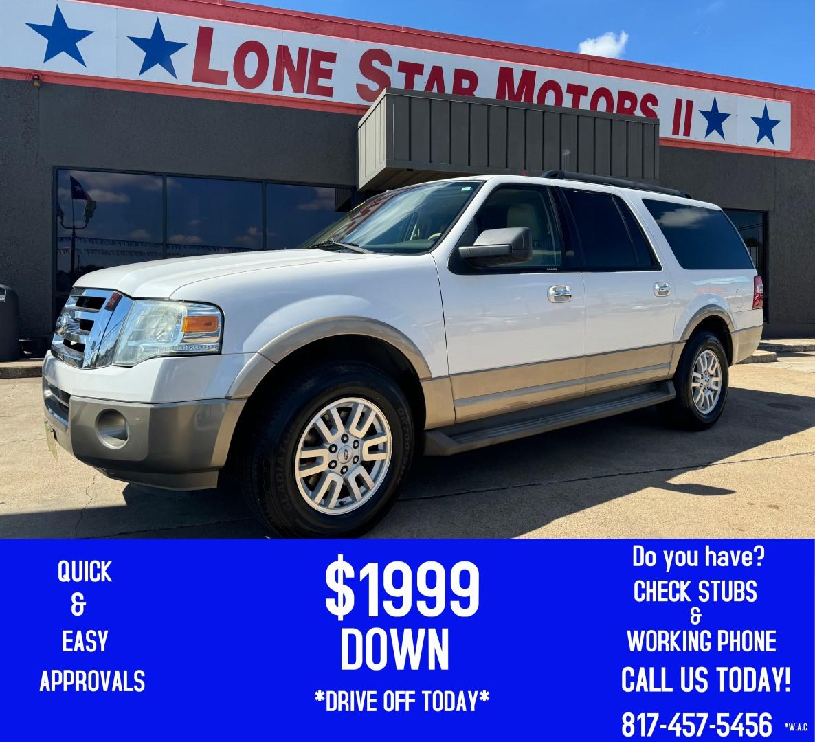 2013 WHITE FORD EXPEDITION EL XLT; K (1FMJK1H54DE) , located at 5900 E. Lancaster Ave., Fort Worth, TX, 76112, (817) 457-5456, 0.000000, 0.000000 - This is a 2013 FORD EXPEDITION 4 DR SUV that is in excellent condition. The interior is clean with no rips or tears or stains. All power windows, door locks and seats. Ice cold AC for those hot Texas summer days. It is equipped with a CD player, AM/FM radio, AUX port, Bluetooth connectivity and Siri - Photo#0